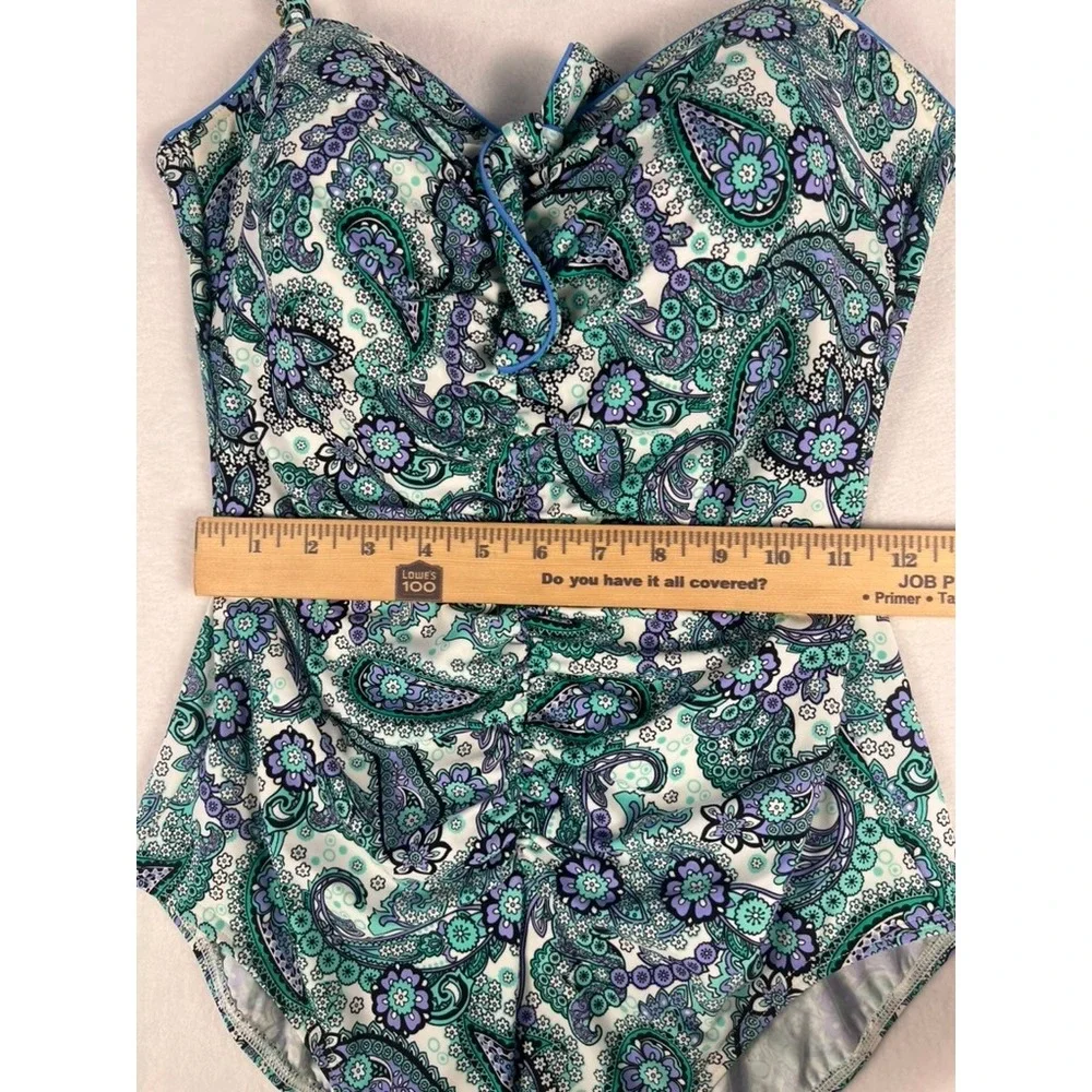 Fit 4 U One Piece Swimsuit W 12 Teal Purple Paisley Fit 4 Ur Tummy Ruched Beach - Picture 8 of 13